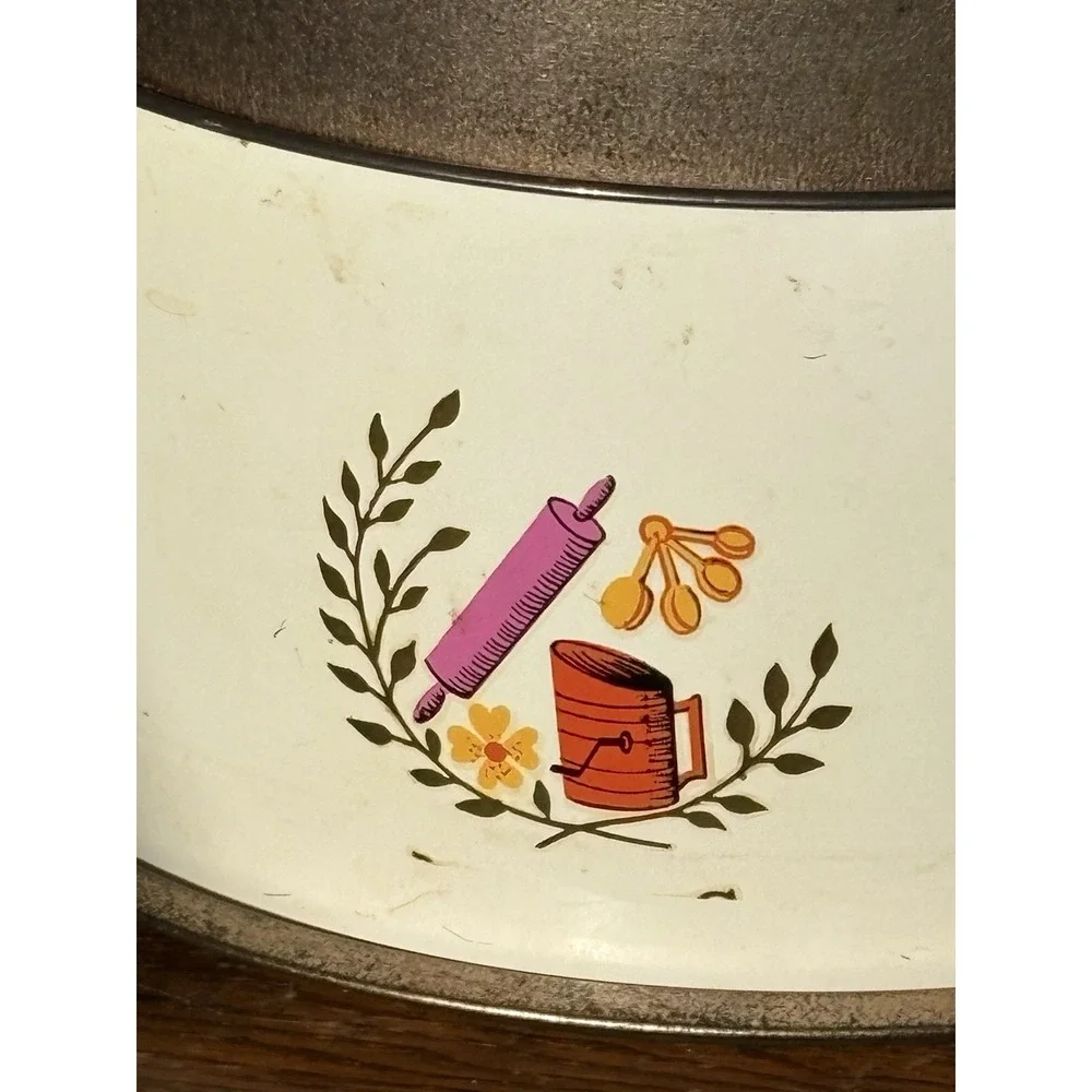 Vintage Tin Metal Pie Cake Carrier With Colorful Kitchen Utensils 3 Piece